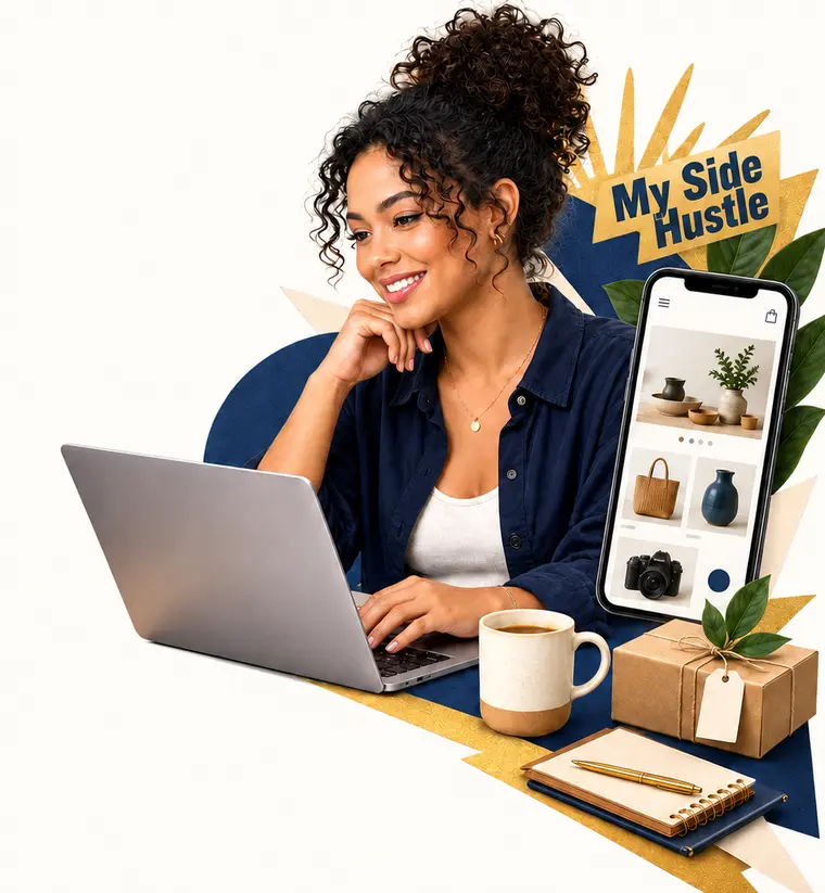 A business owner building an online side-hustle storefront and professional portfolio