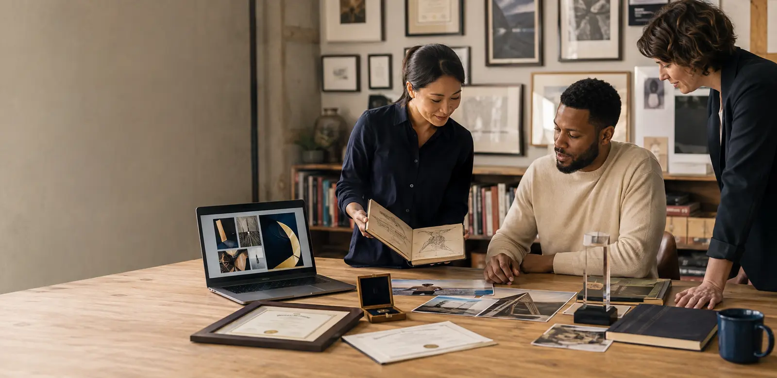 People reviewing professional credentials, creative work and accomplishments together