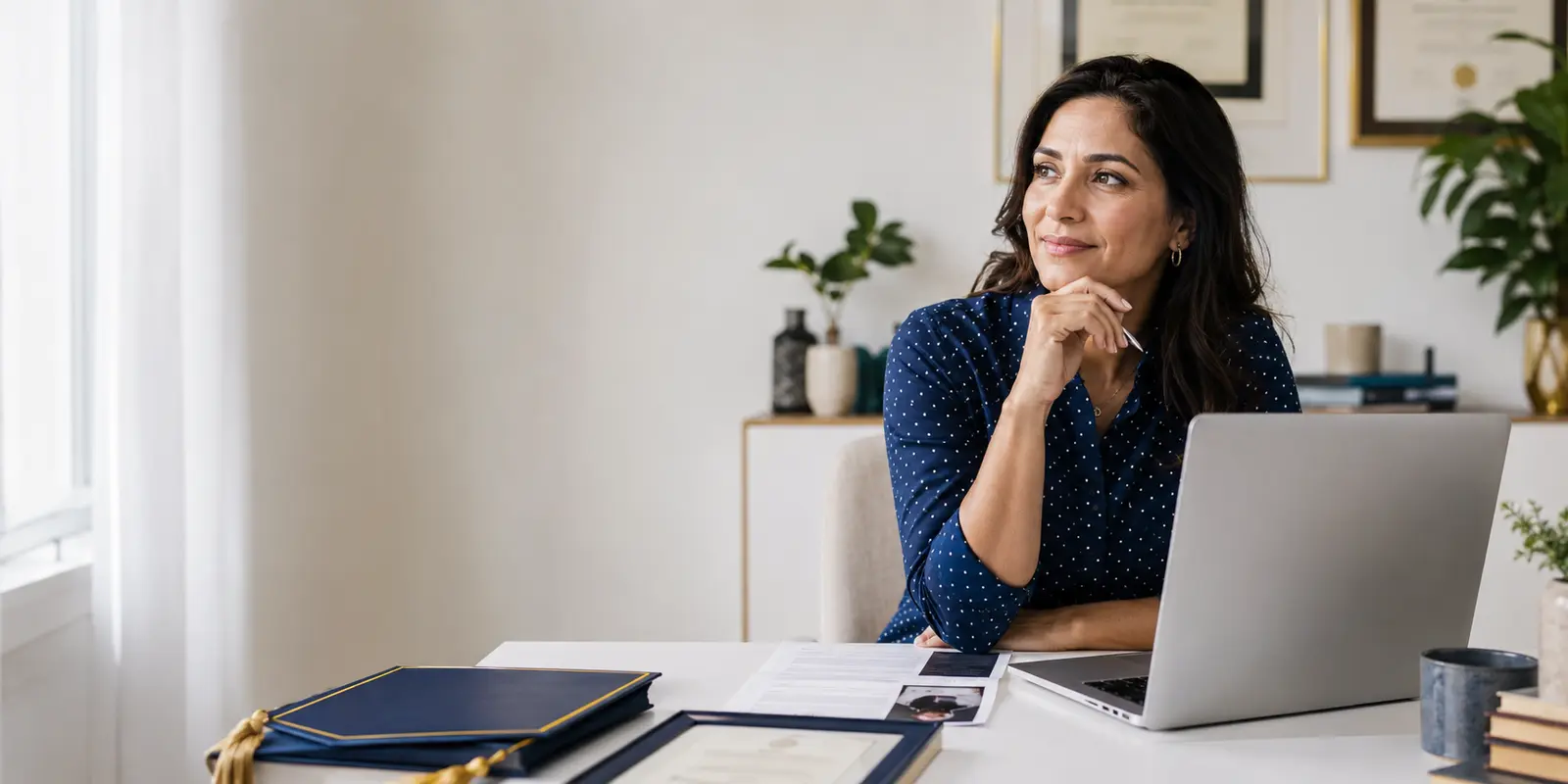 A professional organizing her résumé and credentials into a clear career presentation