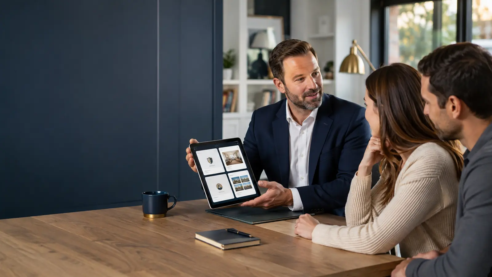 A professional showing prospective clients a portfolio of credentials and completed work